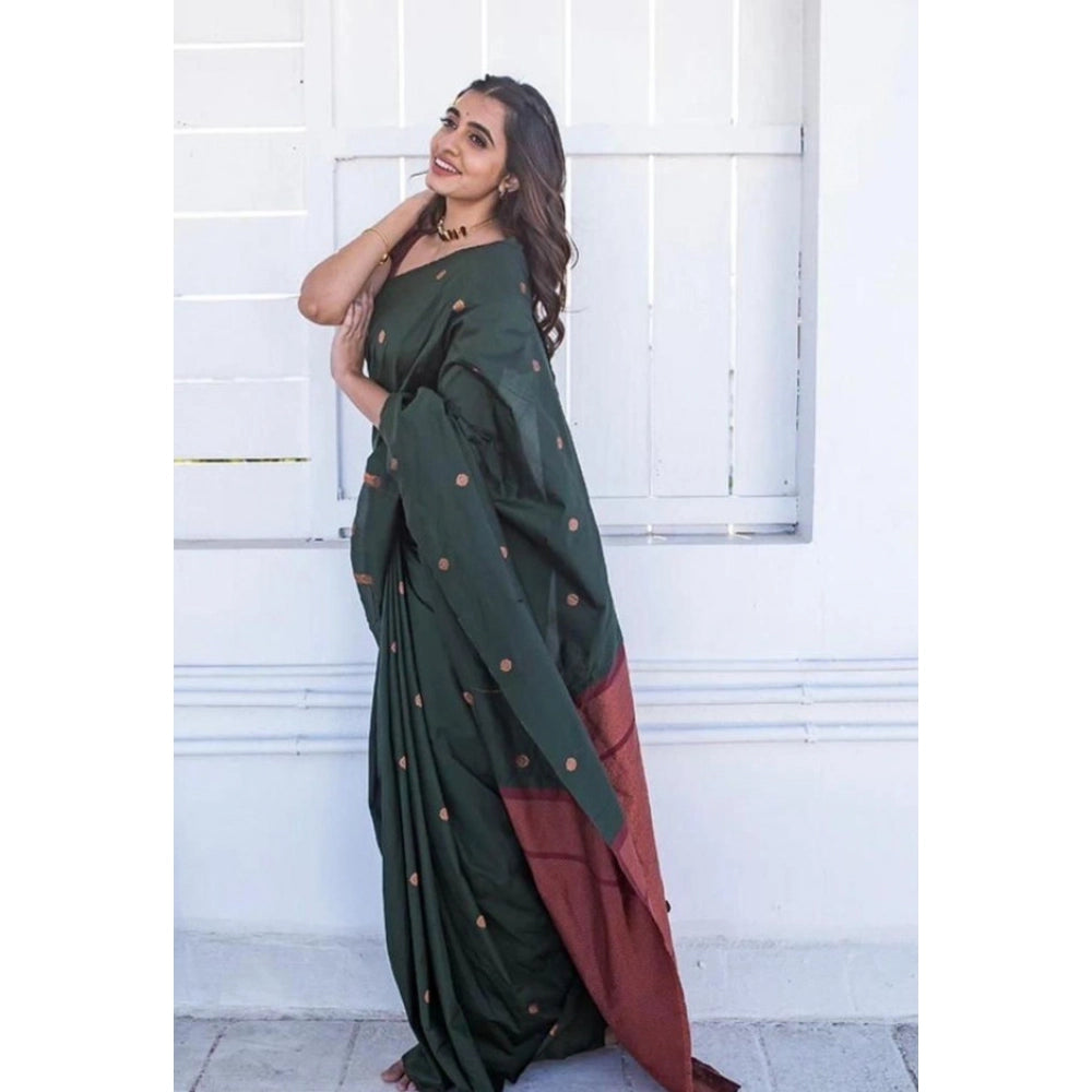 Dark green Litchi silk printed saree with unstitched blouse - ideal for casual occasions
