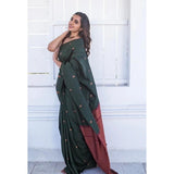 Dark green Litchi silk printed saree with unstitched blouse - ideal for casual occasions