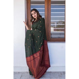 Dark green litchi silk printed saree with unstitched blouse for casual occasions