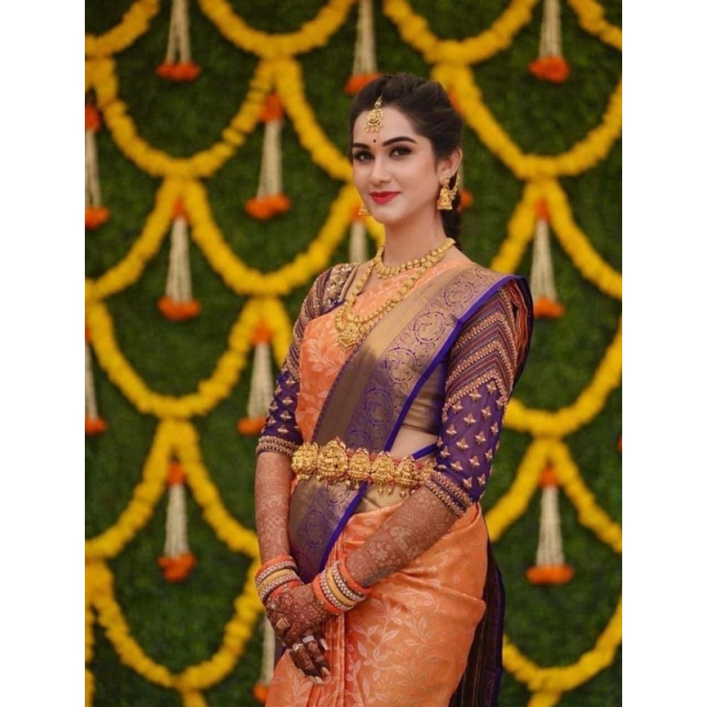 Orange litchi silk printed saree with unstitched blouse for casual occasions