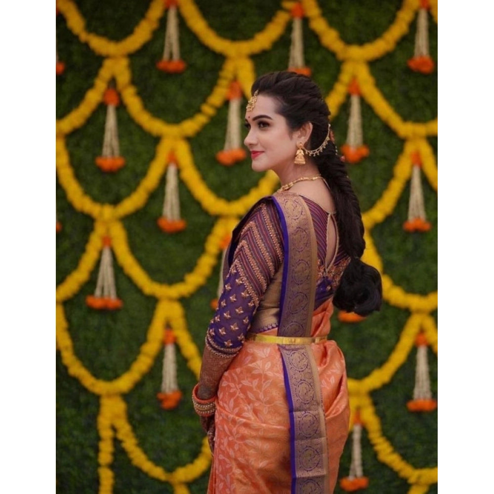 Orange litchi silk printed saree with unstitched blouse for casual events