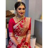 Red litchi silk printed saree with unstitched blouse, casual Indian women's wear on model