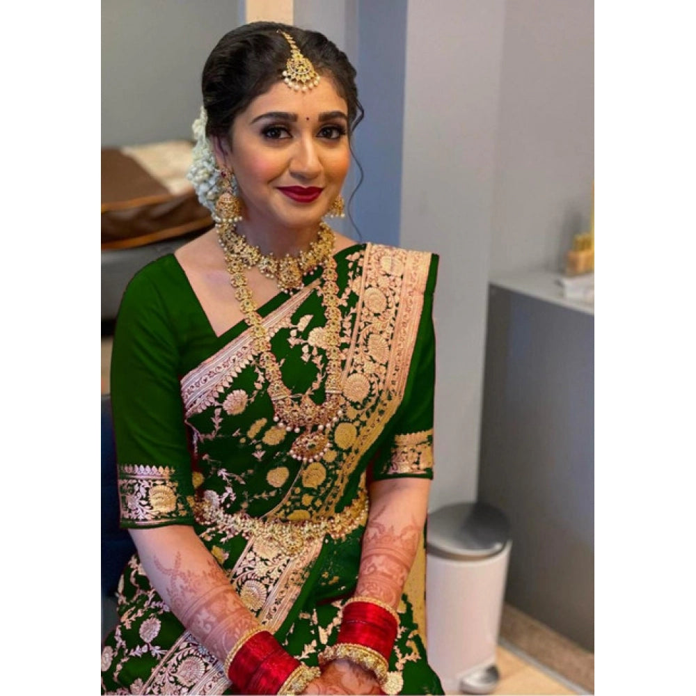 Green Litchi silk printed saree with unstitched blouse, casual Indian women's fashion wear on mannequin