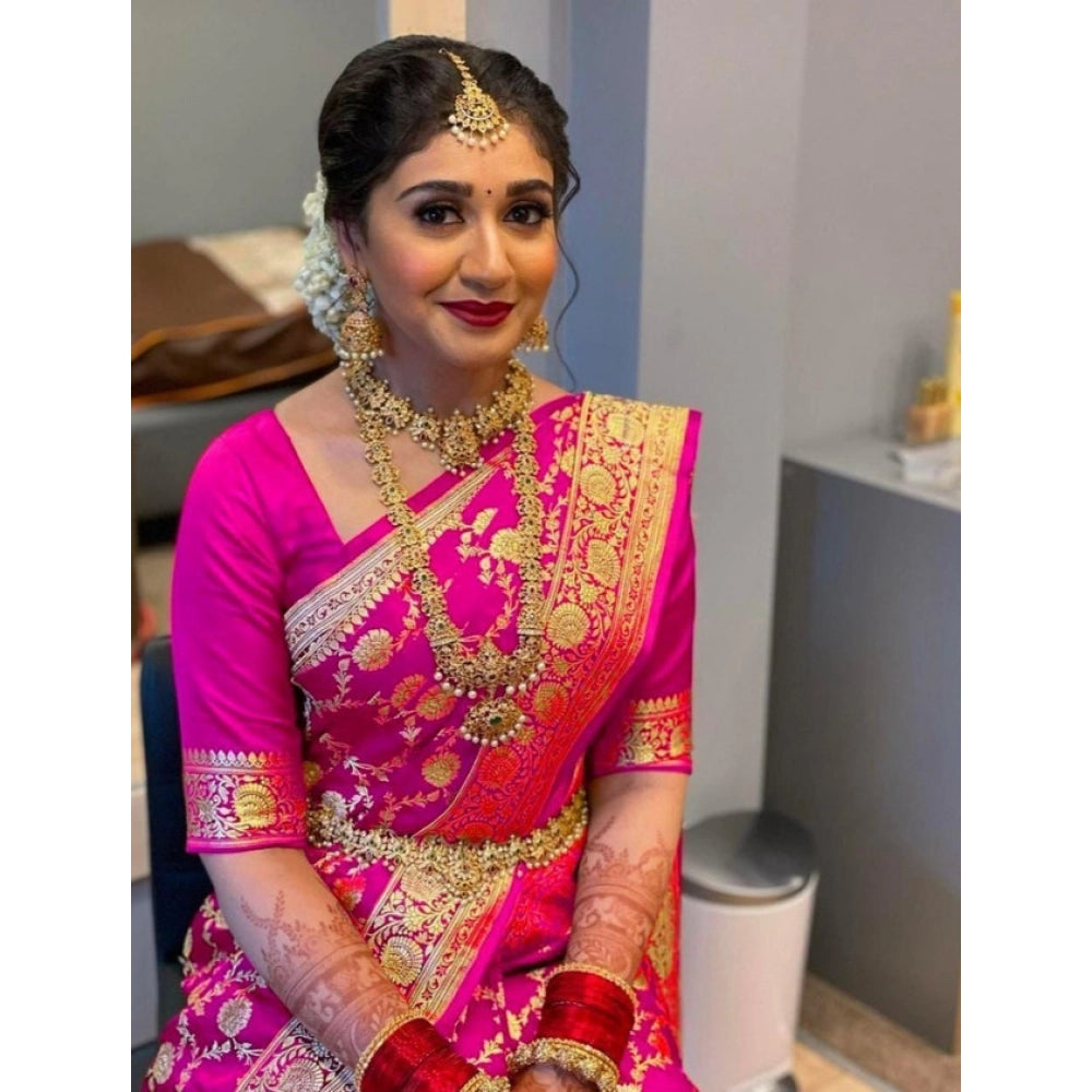 Pink litchi silk printed saree with unstitched blouse for casual occasions