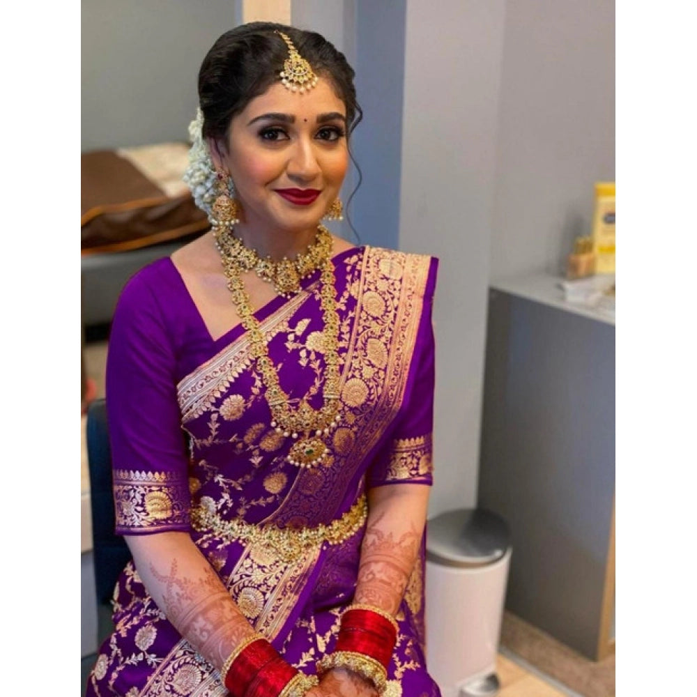 Purple litchi silk printed saree with unstitched blouse, casual Indian women's wear fashion accessory