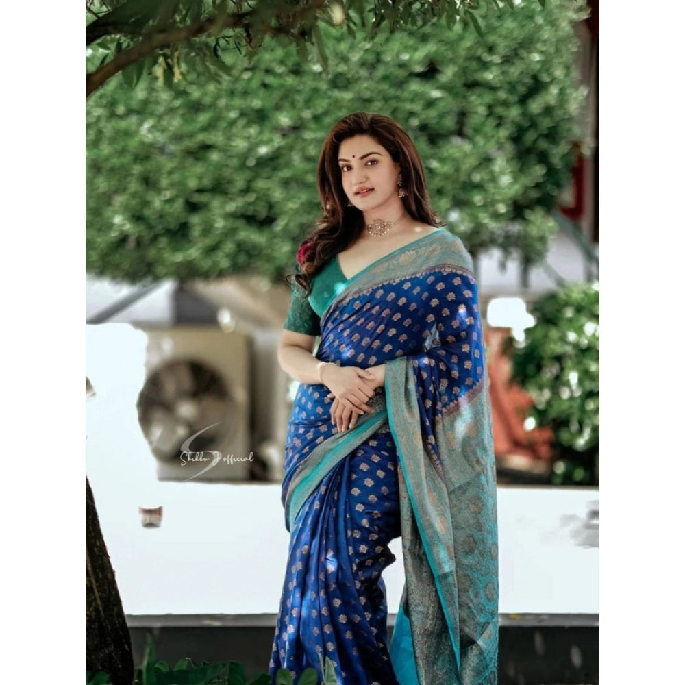 Navy blue litchi silk printed saree with unstitched blouse for casual occasions