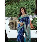 Navy blue litchi silk printed saree with unstitched blouse for casual occasions