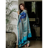 Navy blue litchi silk printed saree with unstitched blouse for casual occasions