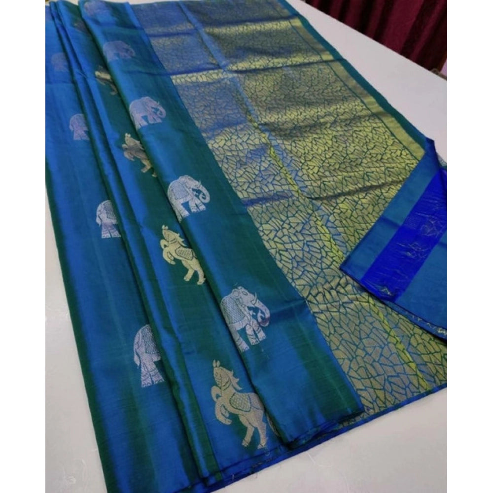 Turquoise blue Litchi silk printed saree with unstitched blouse for casual occasions