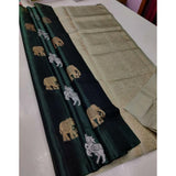 Green litchi silk printed saree with unstitched blouse - casual Indian women's wear