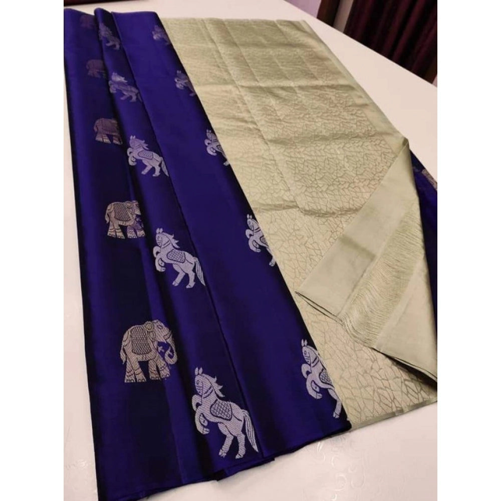 Navy blue and white litchi silk printed saree with unstitched blouse for casual occasions