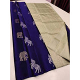 Navy blue and white litchi silk printed saree with unstitched blouse for casual occasions
