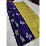 Navy blue & yellow litchi silk printed saree with unstitched blouse for casual occasions