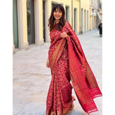 Red litchi silk printed saree with unstitched blouse - ideal for casual occasions