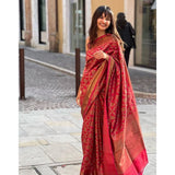Red litchi silk printed saree with unstitched blouse, vibrant Eastern fashion for casual events