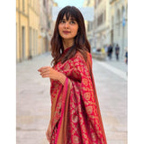 Red litchi silk printed saree with unstitched blouse, casual Indian wear accessory on display