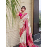 Litchi silk printed saree with unstitched blouse (half white), elegant casual wear for women