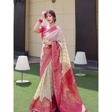 Half white litchi silk printed saree with unstitched blouse for casual events
