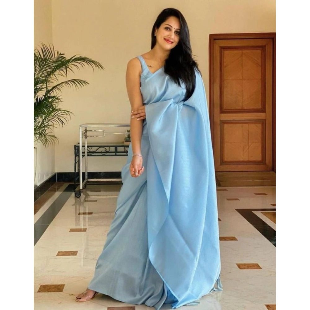 Light blue litchi silk printed saree with unstitched blouse for casual occasions