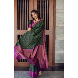Dark green litchi silk printed saree with unstitched blouse - elegant casual wear for women