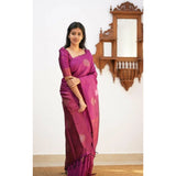 Dark pink Litchi silk printed saree with unstitched blouse for casual occasions