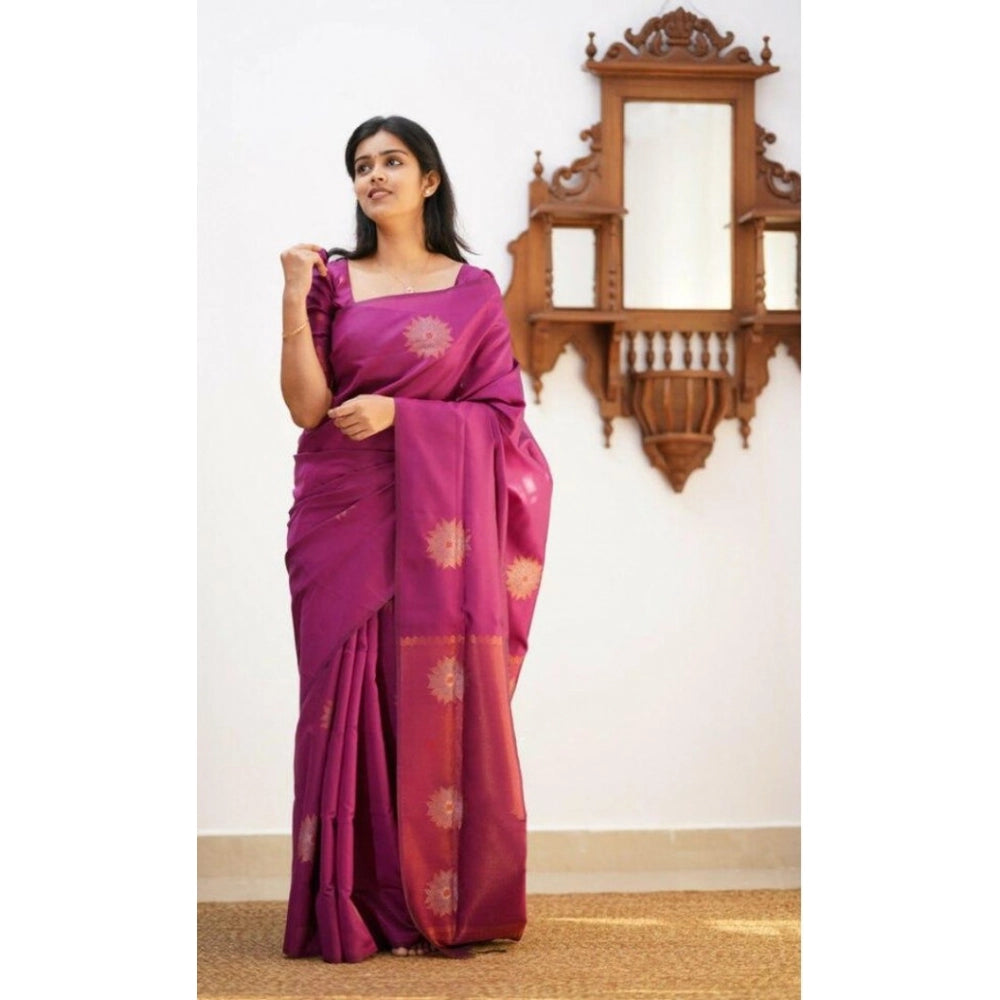 Dark pink litchi silk printed saree with unstitched blouse - casual Indian wear fashion