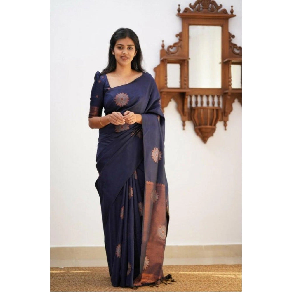 Dark blue litchi silk printed saree with unstitched blouse for casual occasions