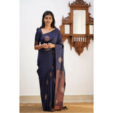 Dark blue litchi silk printed saree with unstitched blouse for casual occasions