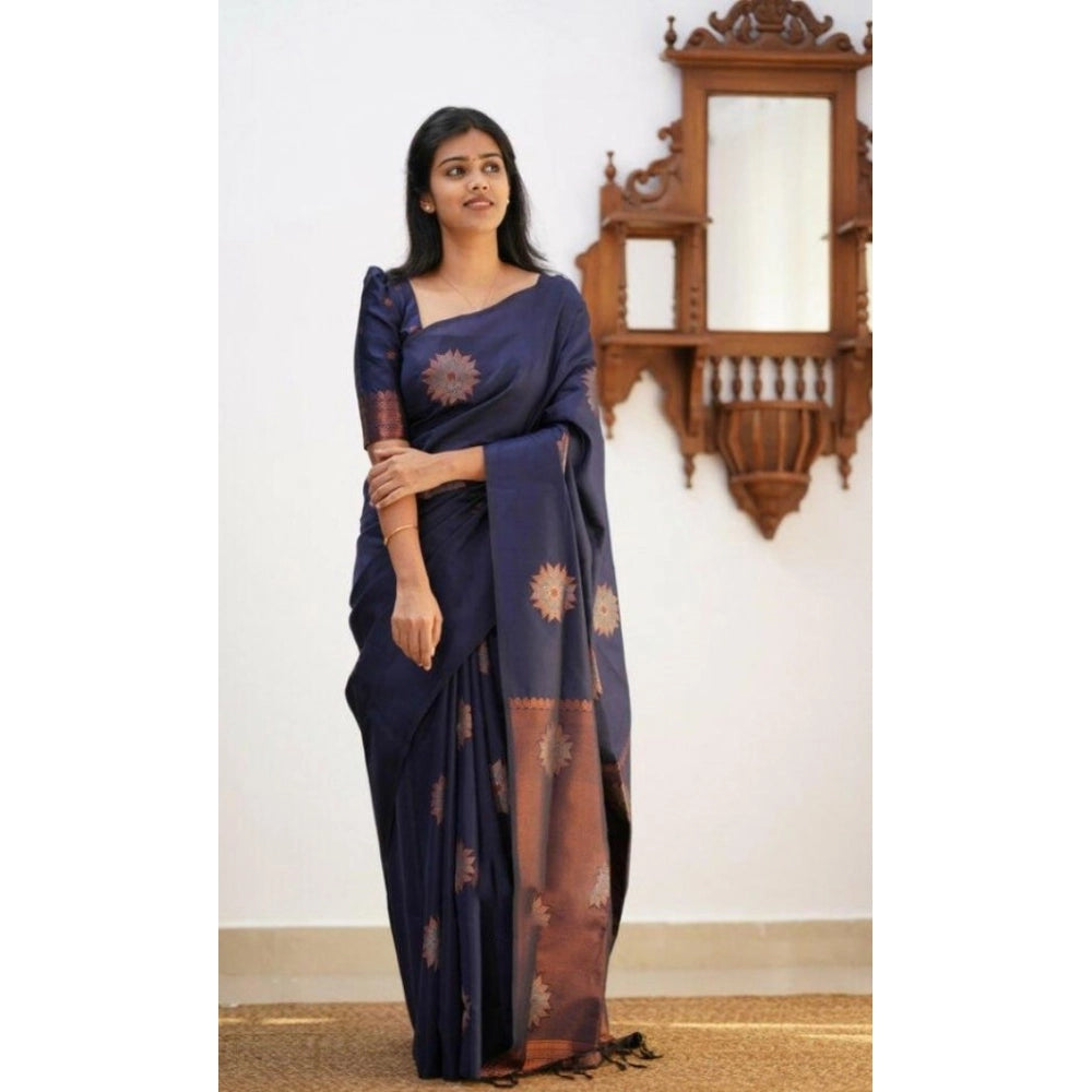 Dark blue litchi silk printed saree with unstitched blouse for casual events