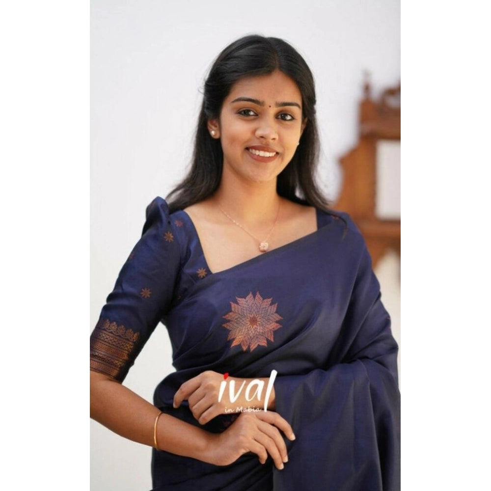 Dark blue litchi silk printed saree with unstitched blouse for casual events