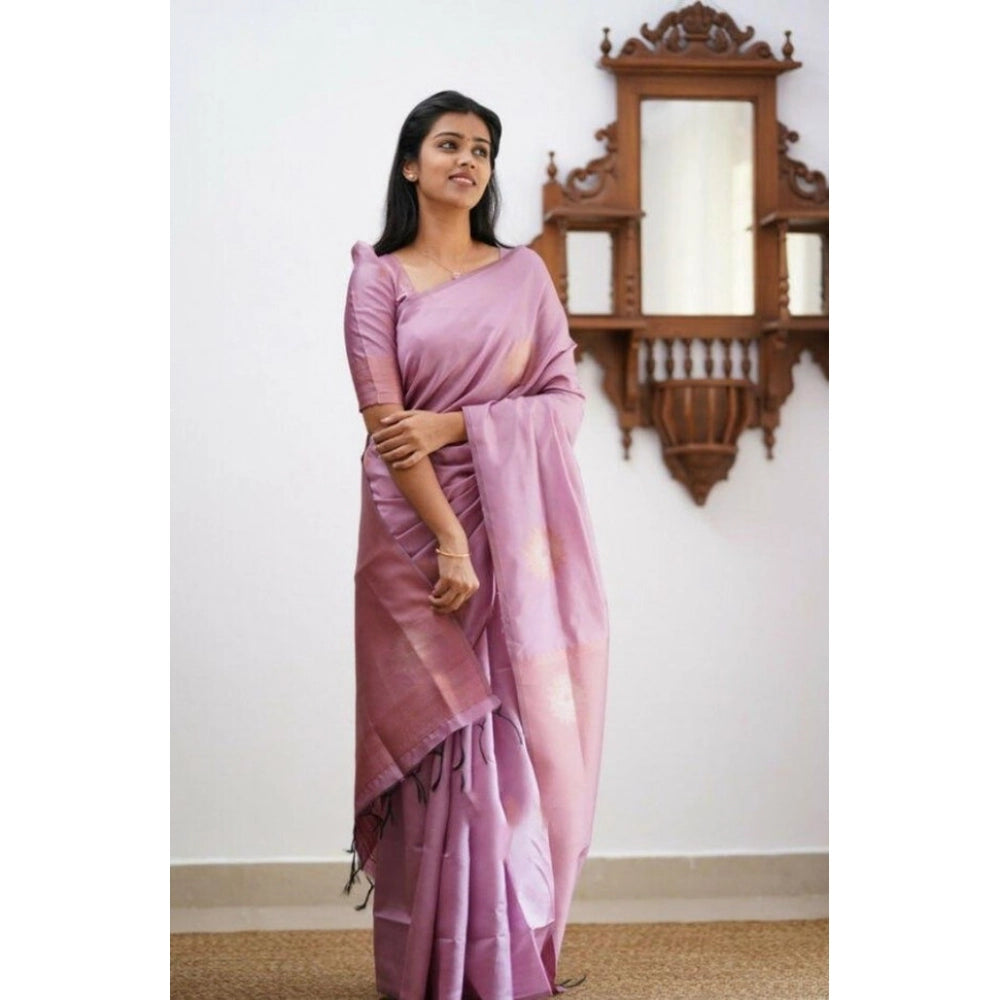 Light pink litchi silk printed saree with unstitched blouse, casual Indian women's wear accessory for festive occasions