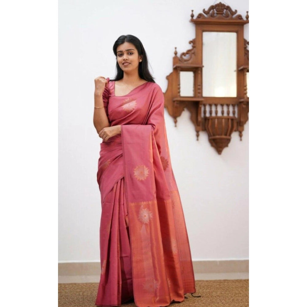Peach litchi silk printed saree with unstitched blouse for casual occasions, vibrant peach design on soft silk fabric