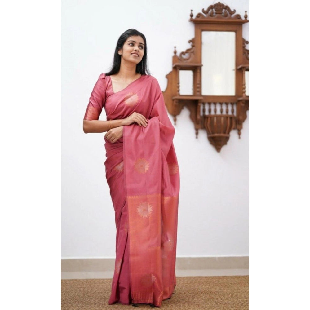 Peach litchi silk printed saree with unstitched blouse, vibrant Asian fashion for casual events