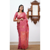 Peach litchi silk printed saree with unstitched blouse, vibrant Asian fashion for casual events