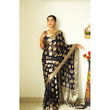 Black litchi silk printed saree with unstitched blouse for casual occasions
