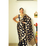 Black Litchi silk printed saree with unstitched blouse - casual Indian women's fashion