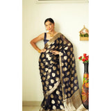 Black litchi silk printed saree with unstitched blouse - casual Indian wear fashion