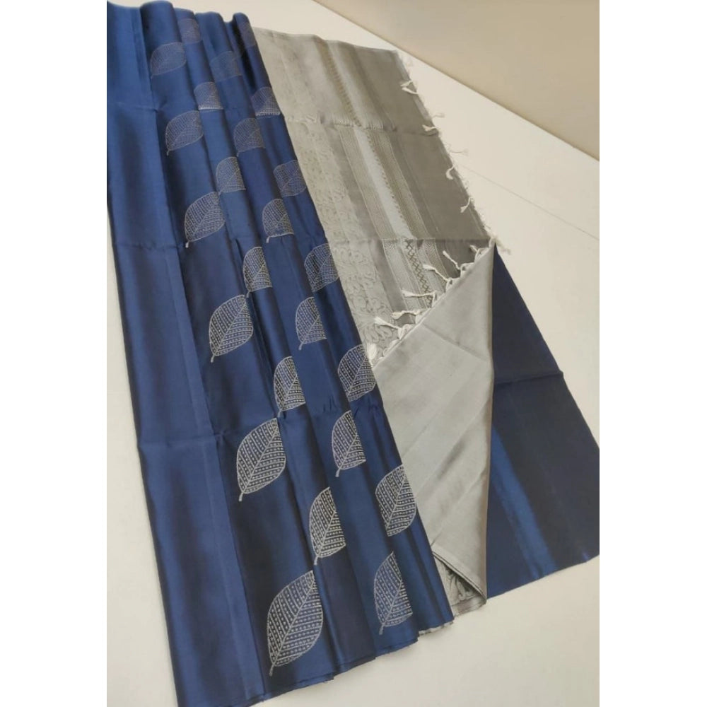 Dark blue litchi silk printed saree with unstitched blouse for casual occasions