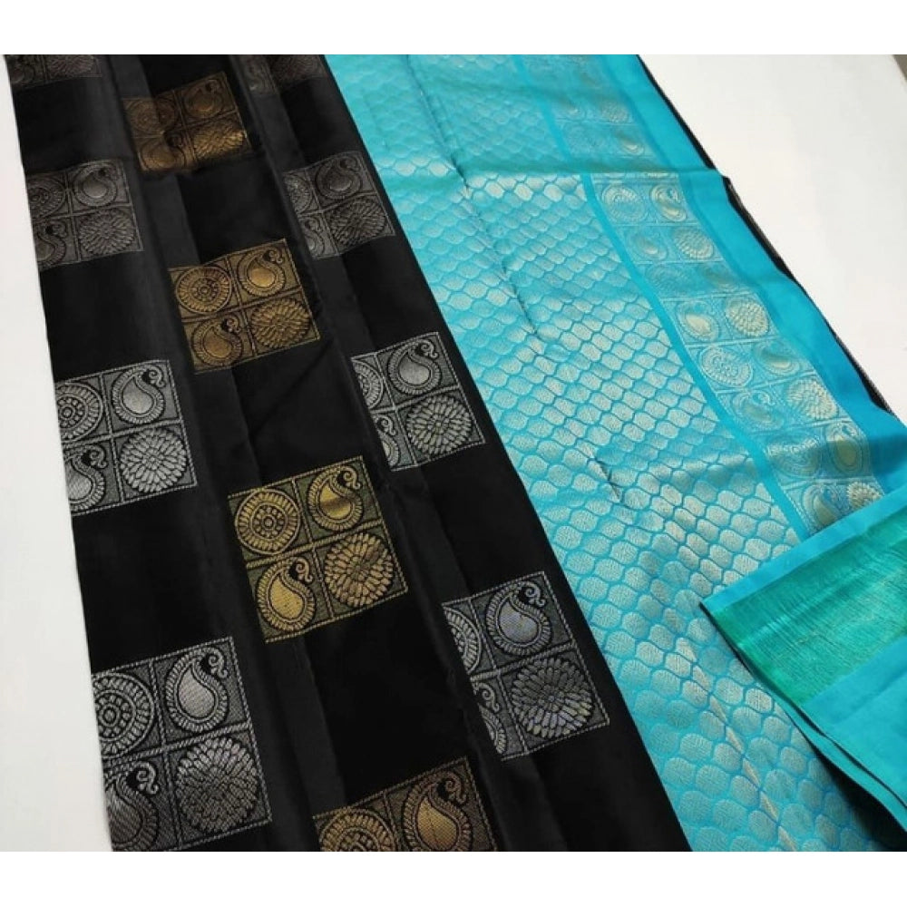 Black and blue litchi silk printed saree with unstitched blouse, casual wear for women