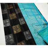 Black and blue litchi silk printed saree with unstitched blouse, casual wear for women