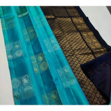 Light blue and black litchi silk printed saree with unstitched blouse for casual occasions