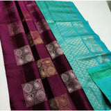 Maroon and turquoise green litchi silk printed saree with unstitched blouse for casual occasions