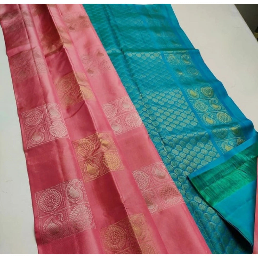 Peach and turquoise Litchi silk printed saree with unstitched blouse for casual occasions