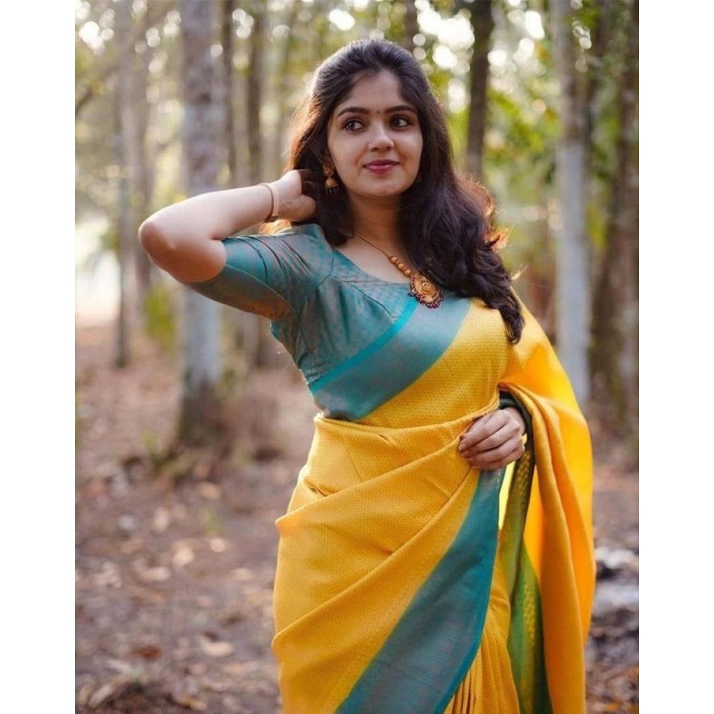 Yellow litchi silk printed saree with unstitched blouse for casual occasions