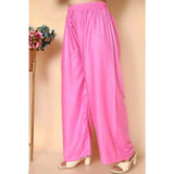 Pink rayon women's casual ankle-length palazzo with elastic closure, solid pattern