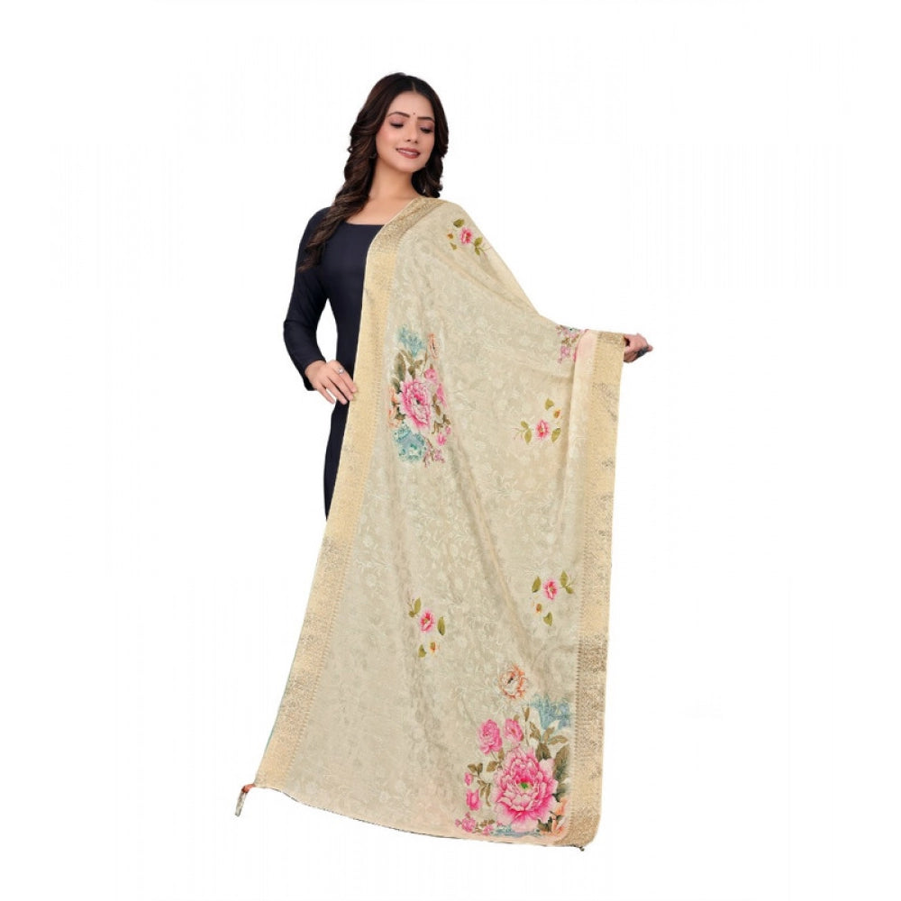 Beige chanderi silk printed dupatta for casual occasions, machine washable women's fashion accessory