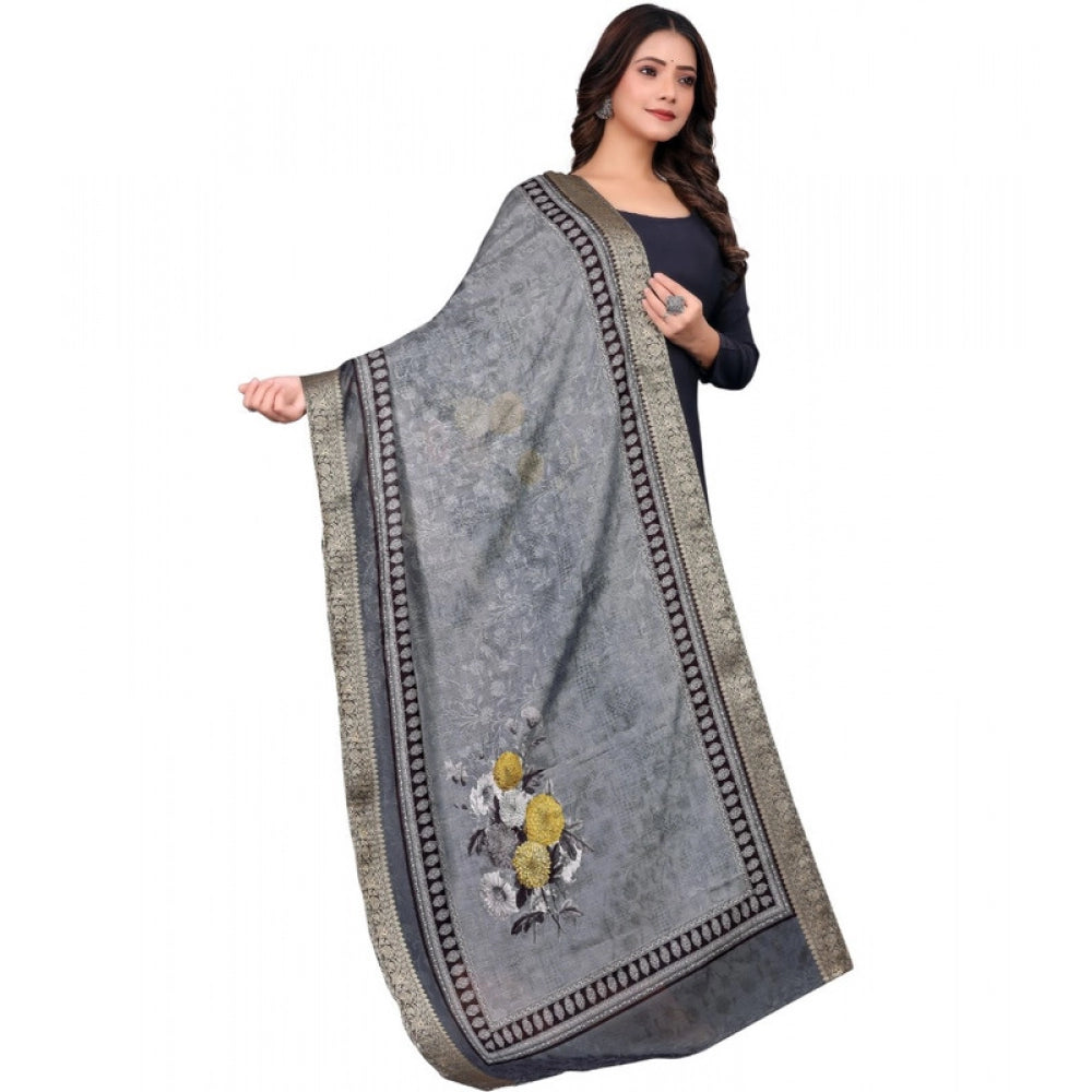 Gray chanderi silk printed dupatta for casual occasions, machine washable women's fashion accessory