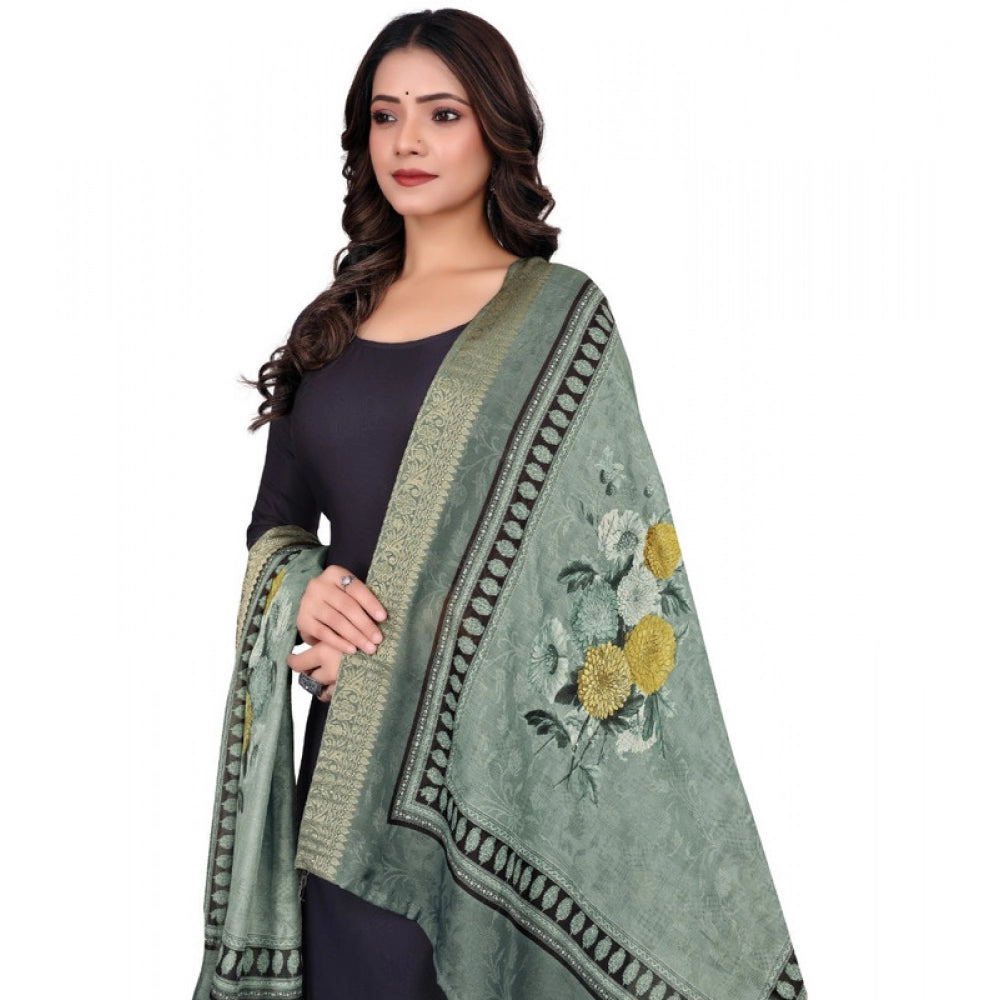 Green chanderi silk printed dupatta for casual occasions, 2m length. Machine washable