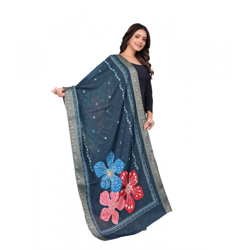 Navy blue chanderi silk printed dupatta for casual occasions, machine washable fashion accessory on hanger