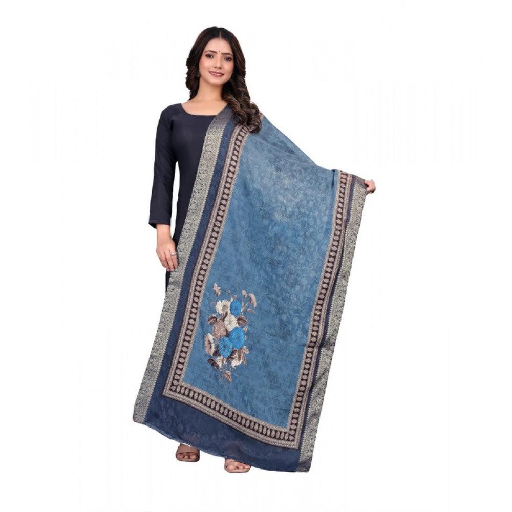 Navy Blue chanderi silk printed dupatta for casual events, machine washable accessory on hanger